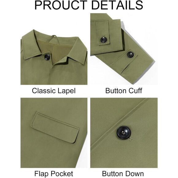 Men's Green Slim-Fit Single-Breasted Trench Coat Long Windbreaker Overcoat - Picture 5 of 5